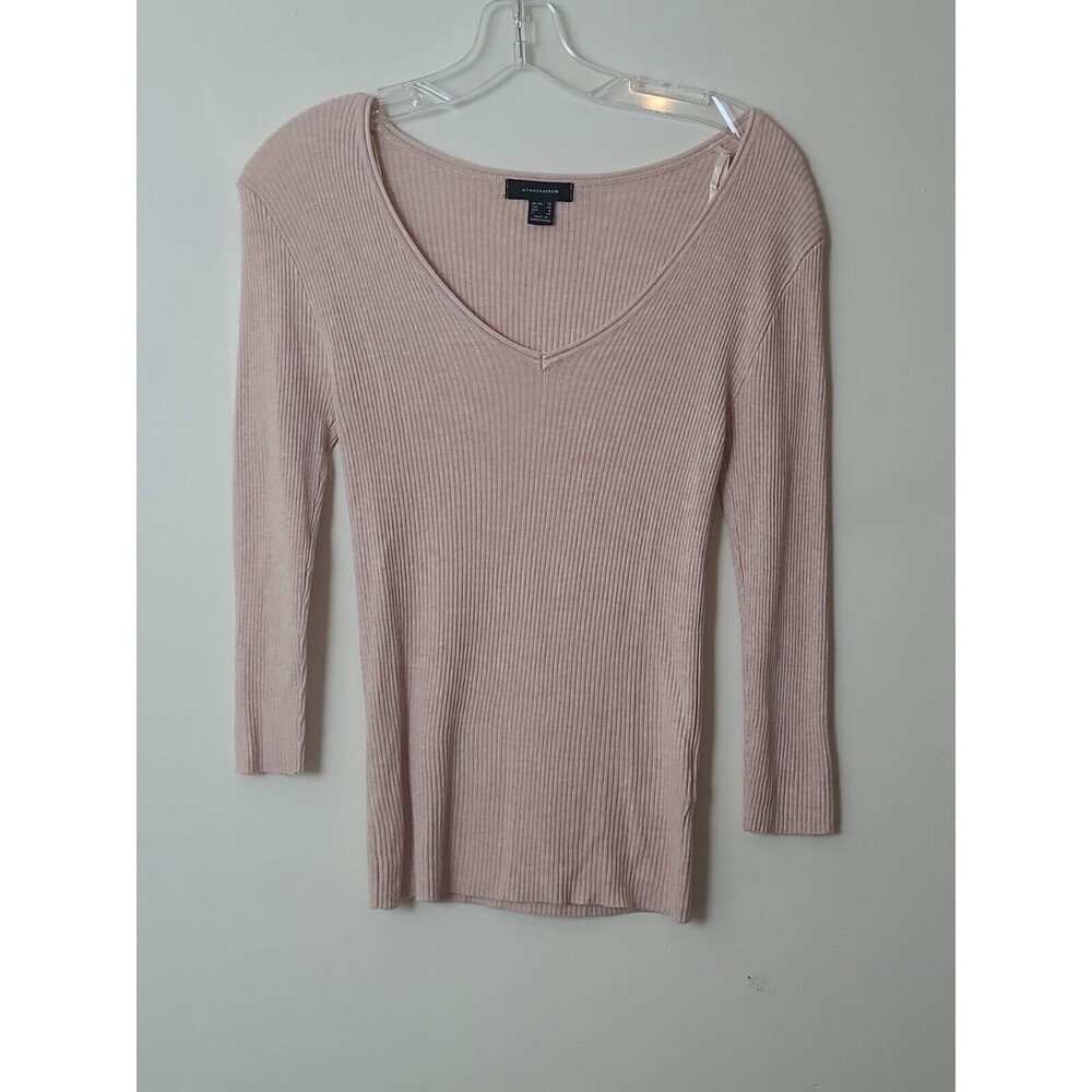 Atmosphere Womens Pink Ribbed Long Sleeve V Neck T Shirt Size 8